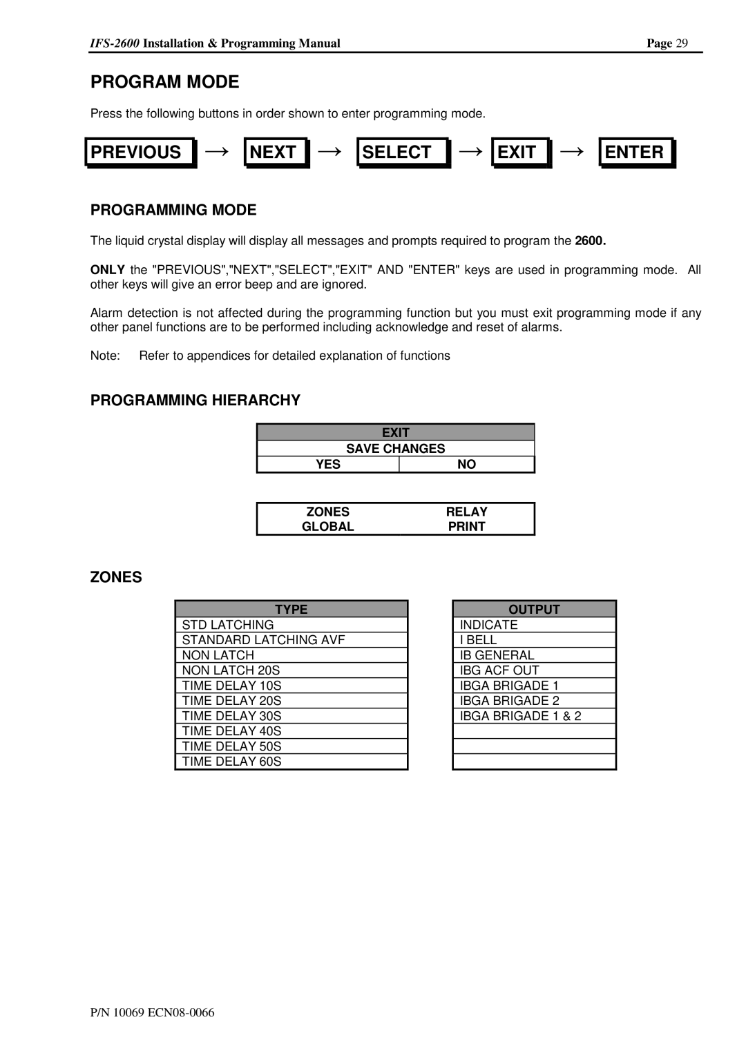 Honeywell IFS-2600 installation manual Program Mode, Previous →, Select → 