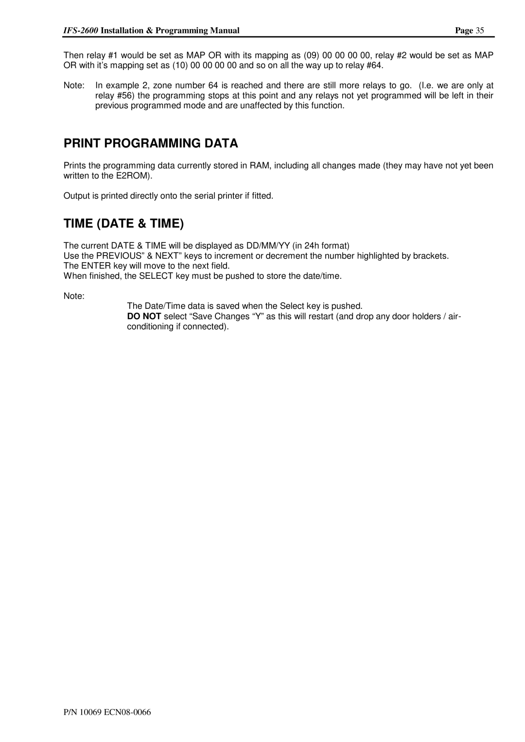 Honeywell IFS-2600 installation manual Print Programming Data, Time Date & Time 