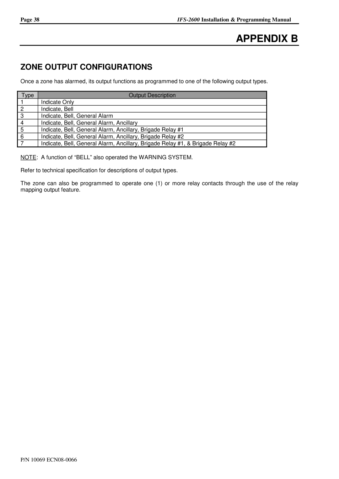 Honeywell IFS-2600 installation manual Appendix B, Zone Output Configurations 