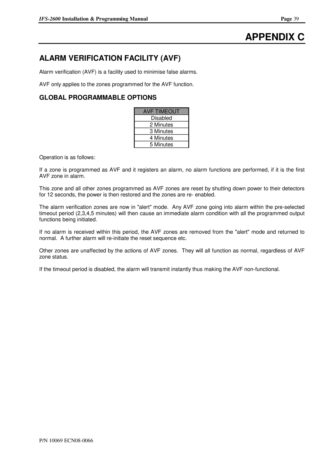 Honeywell IFS-2600 Appendix C, Alarm Verification Facility AVF, Global Programmable Options, AVF Timeout 