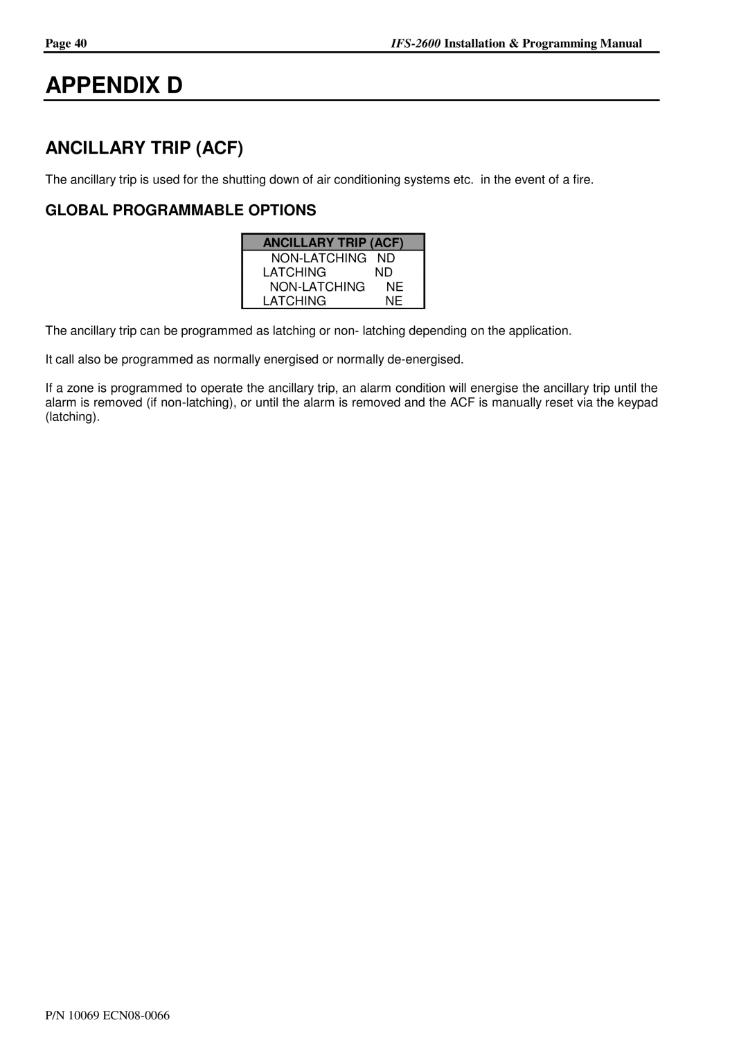 Honeywell IFS-2600 Appendix D, Ancillary Trip ACF, NON-LATCHING ND Latching ND NON-LATCHING NE Latchingne 