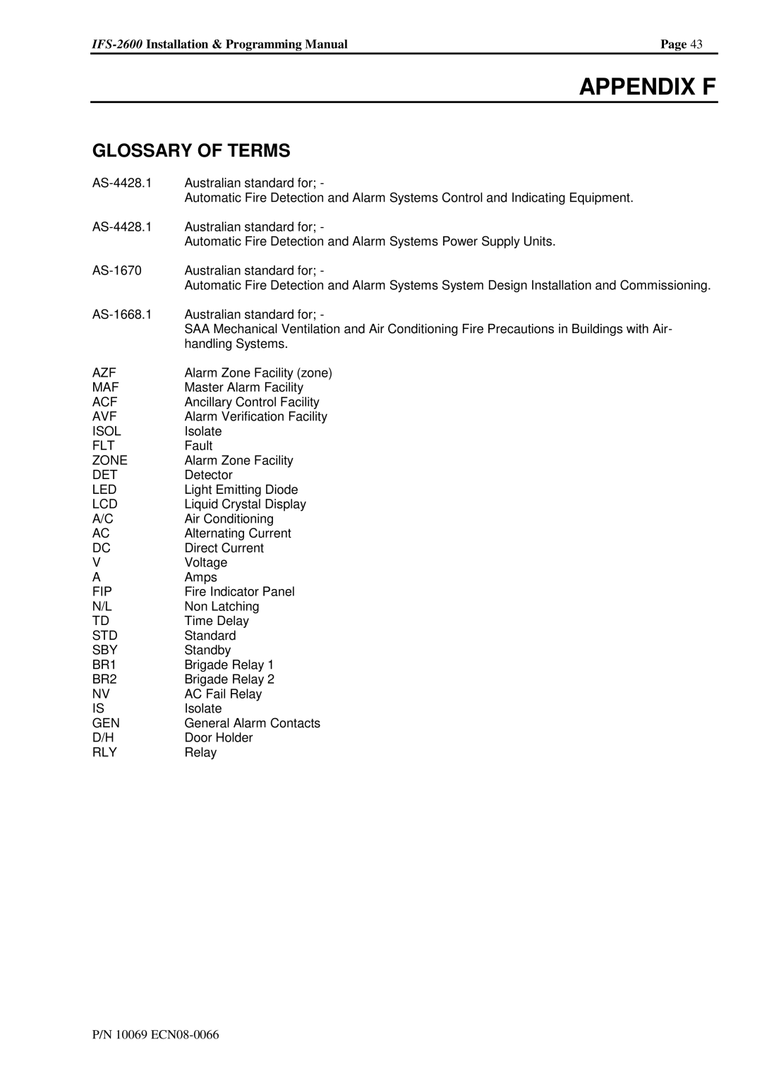 Honeywell IFS-2600 installation manual Appendix F, Glossary of Terms 