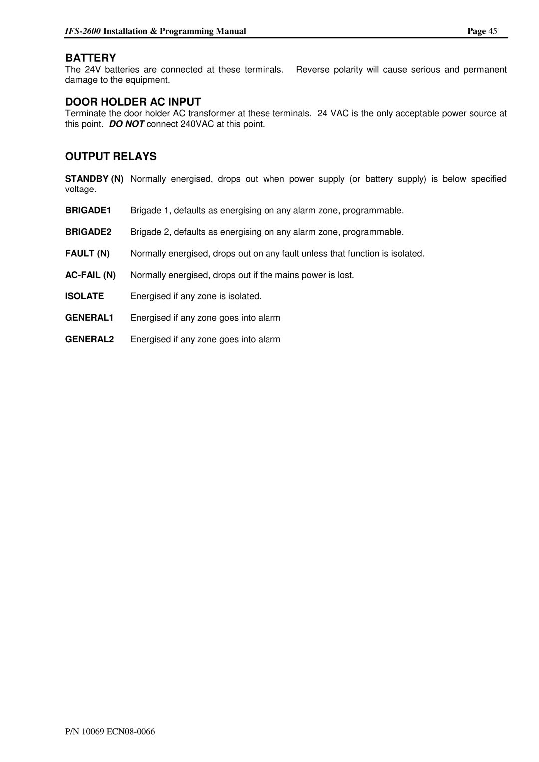 Honeywell IFS-2600 installation manual Battery, Door Holder AC Input, Output Relays 