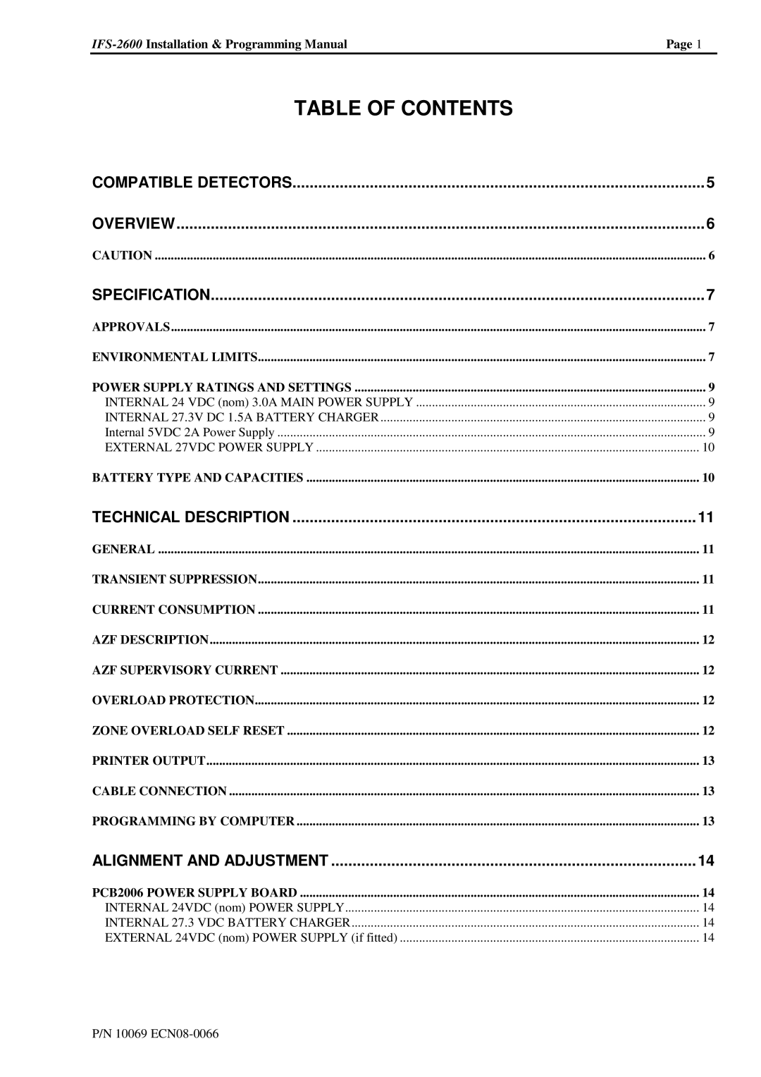 Honeywell IFS-2600 installation manual Table of Contents 