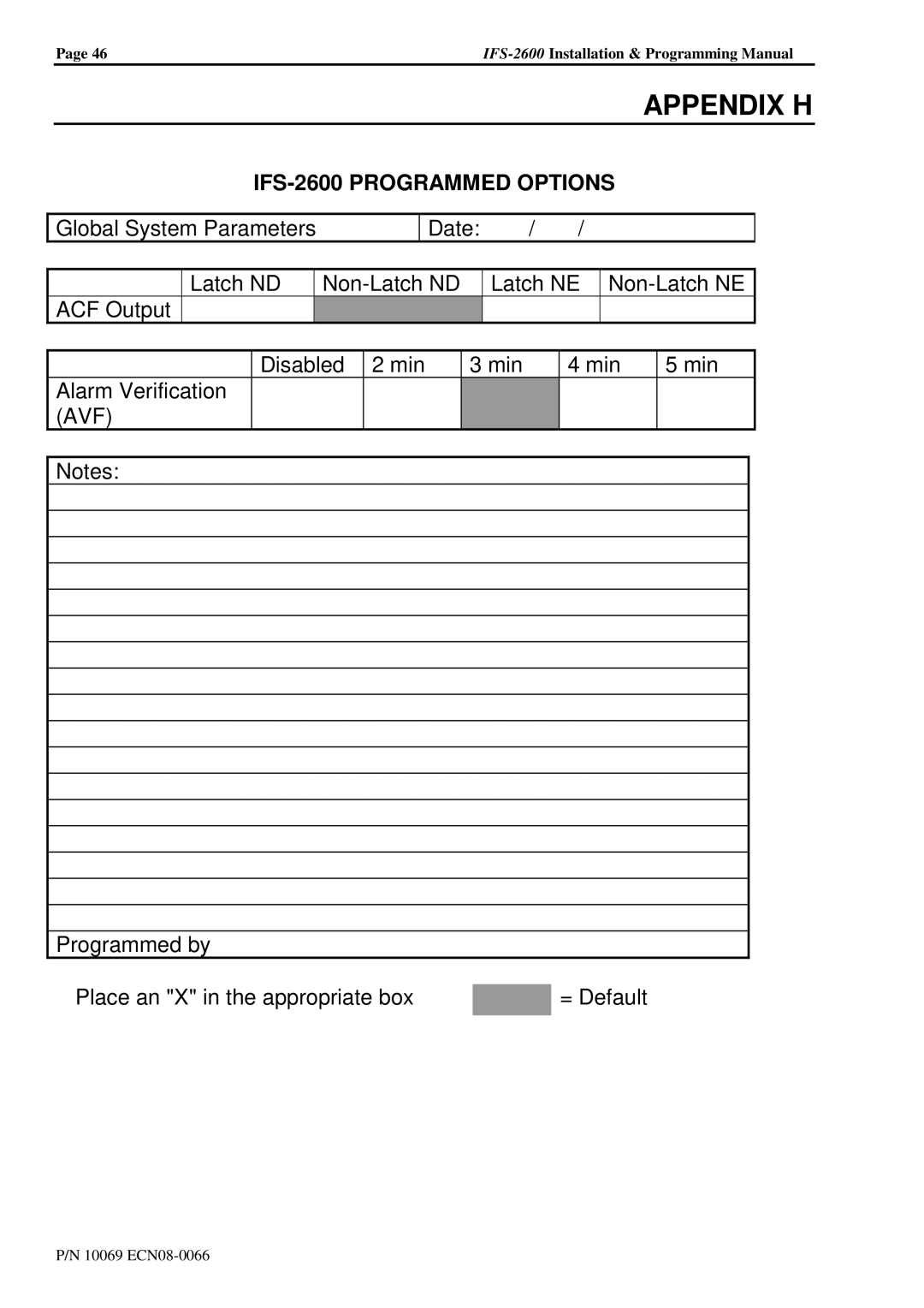 Honeywell installation manual Appendix H, IFS-2600 Programmed Options 