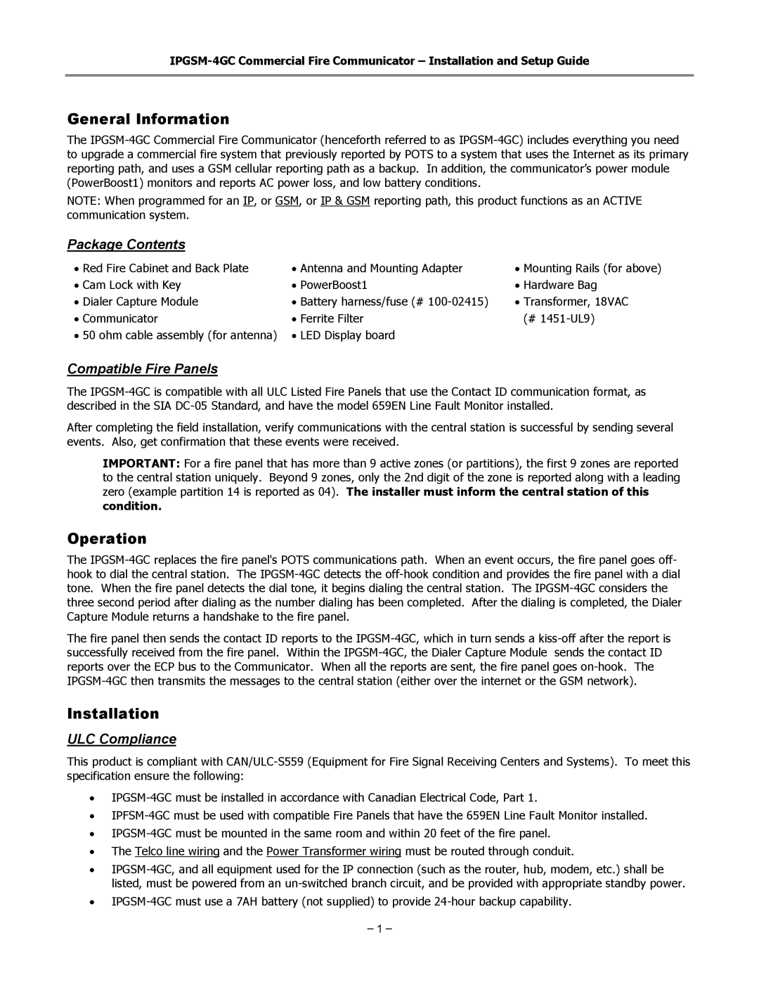 Honeywell IPGSM-4GC manual General Information, Operation, Installation 