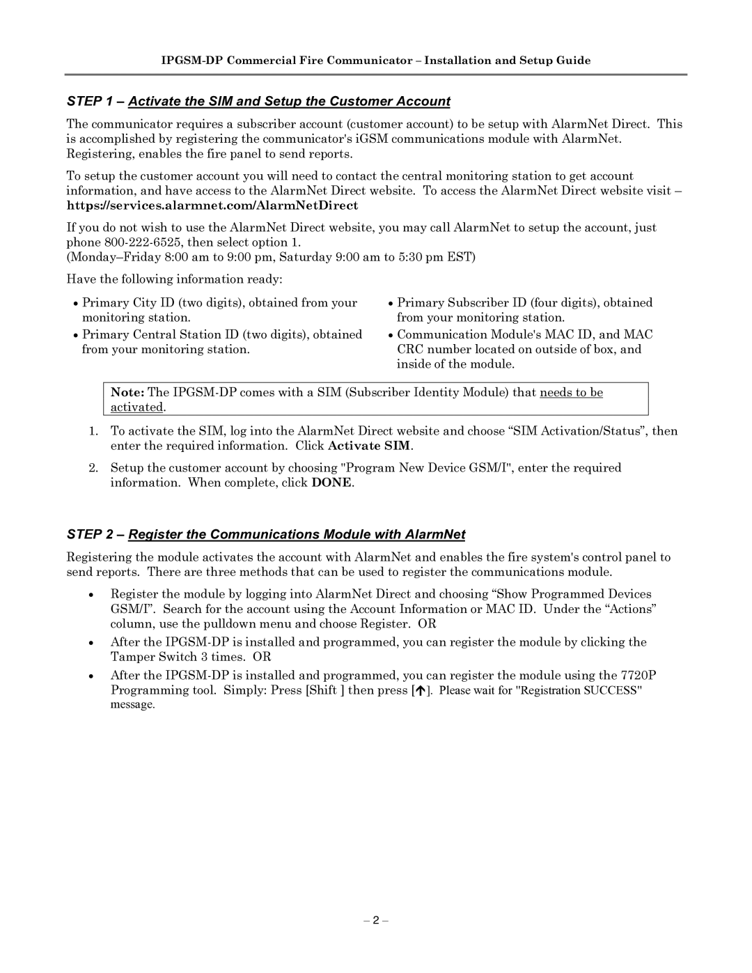 Honeywell IPGSM-DP manual Activate the SIM and Setup the Customer Account, Register the Communications Module with AlarmNet 