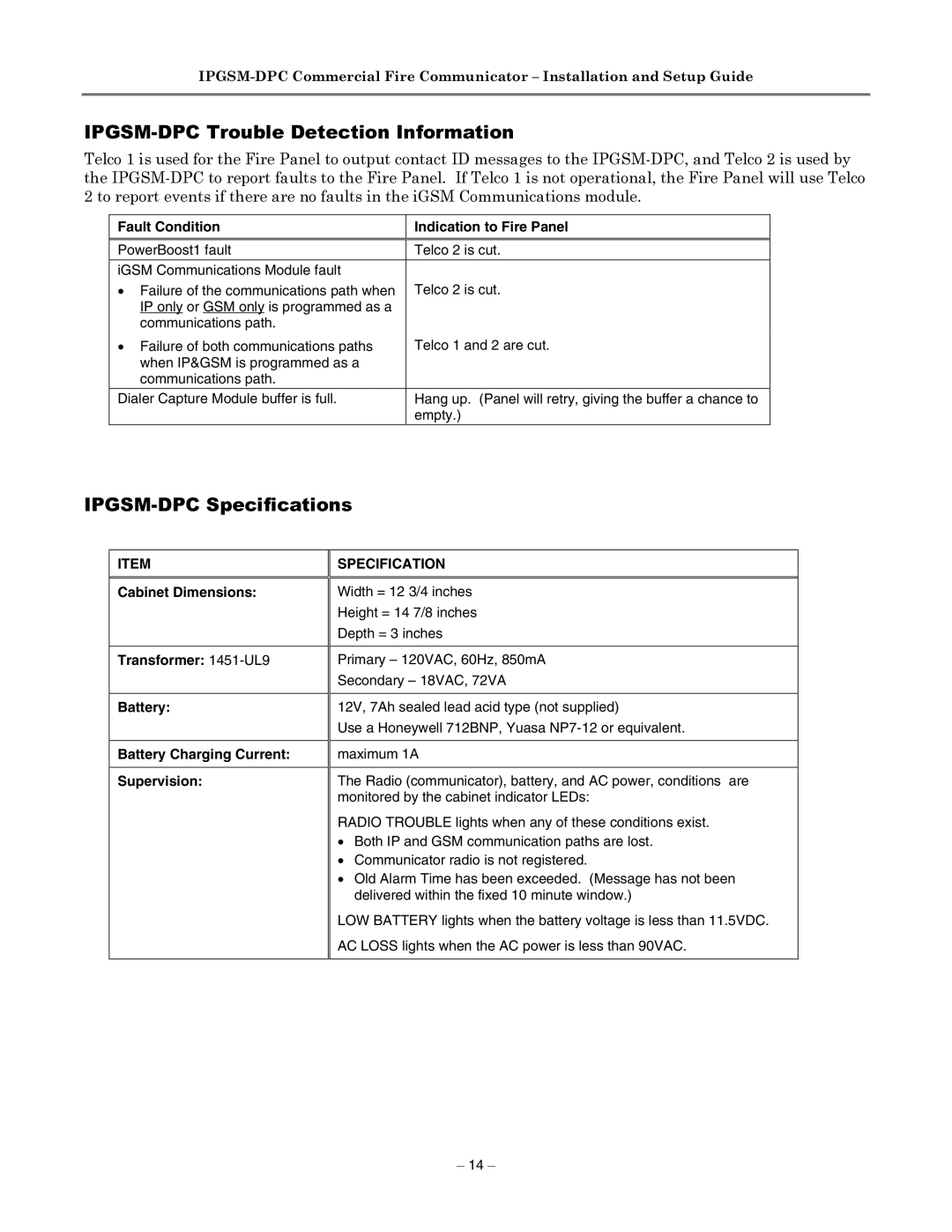 Honeywell manual IPGSM-DPC Trouble Detection Information, IPGSM-DPC Specifications 