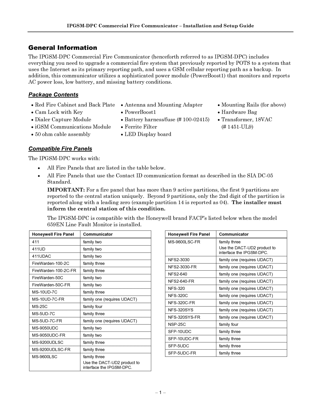 Honeywell IPGSM-DPC manual General Information, Package Contents, Compatible Fire Panels 