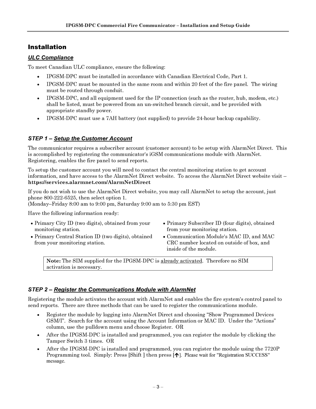 Honeywell IPGSM-DPC manual Installation, ULC Compliance, Setup the Customer Account 