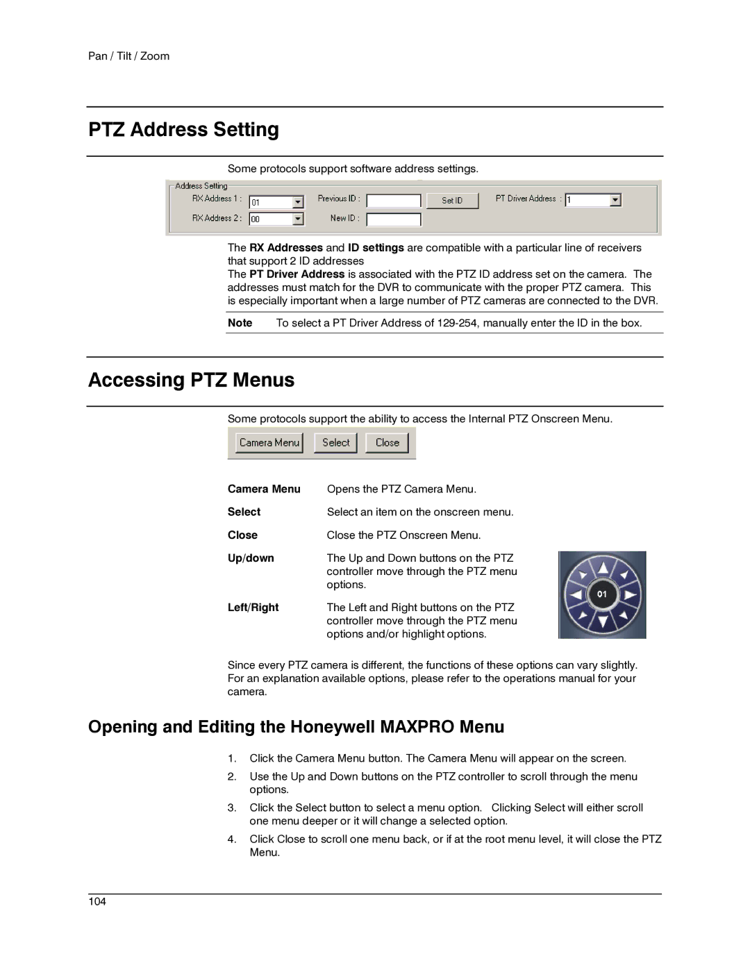 Honeywell IV REV B user manual PTZ Address Setting, Accessing PTZ Menus, Opening and Editing the Honeywell Maxpro Menu 