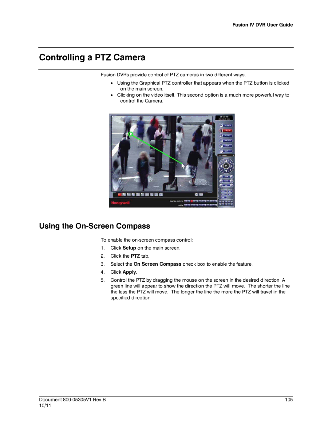 Honeywell IV REV B user manual Controlling a PTZ Camera, Using the On-Screen Compass 