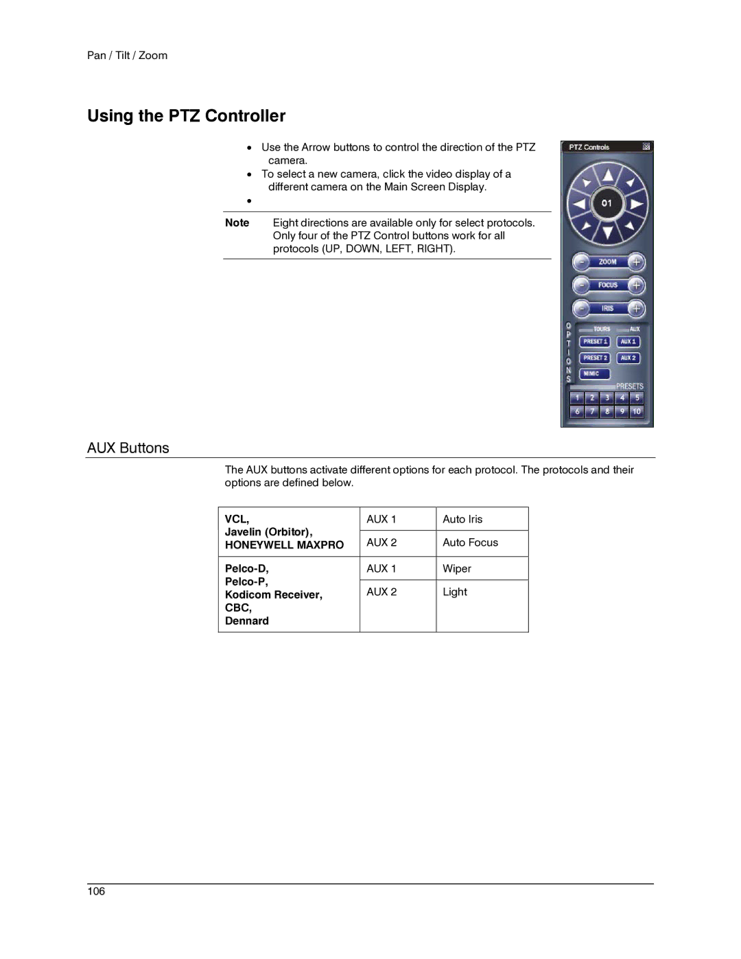 Honeywell IV REV B user manual Using the PTZ Controller, AUX Buttons 