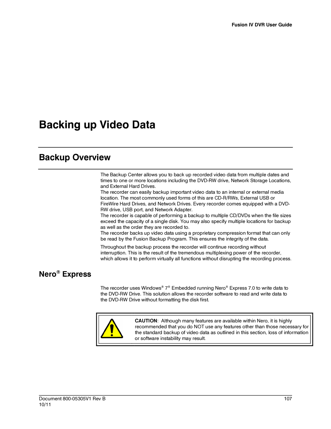 Honeywell IV REV B user manual Backing up Video Data, Backup Overview, Nero Express 