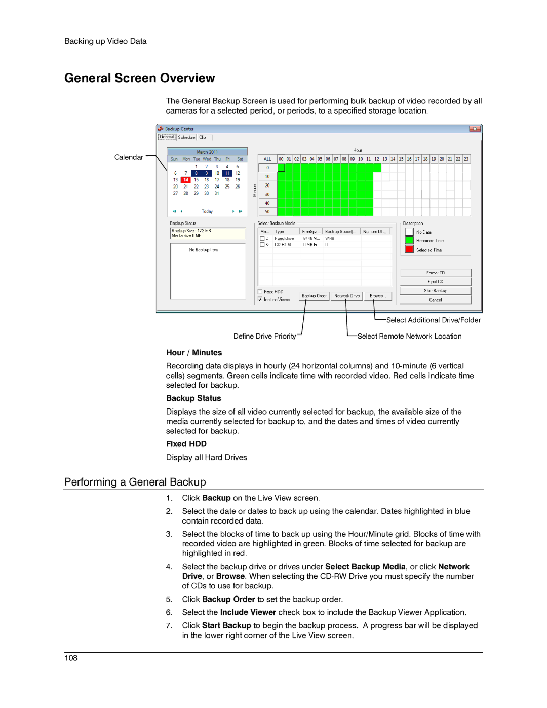 Honeywell IV REV B General Screen Overview, Performing a General Backup, Hour / Minutes, Backup Status, Fixed HDD 