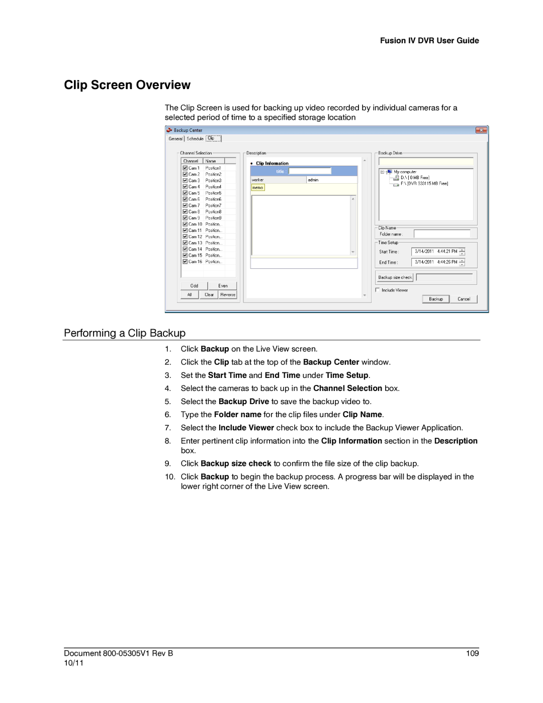 Honeywell IV REV B Clip Screen Overview, Performing a Clip Backup, Set the Start Time and End Time under Time Setup 