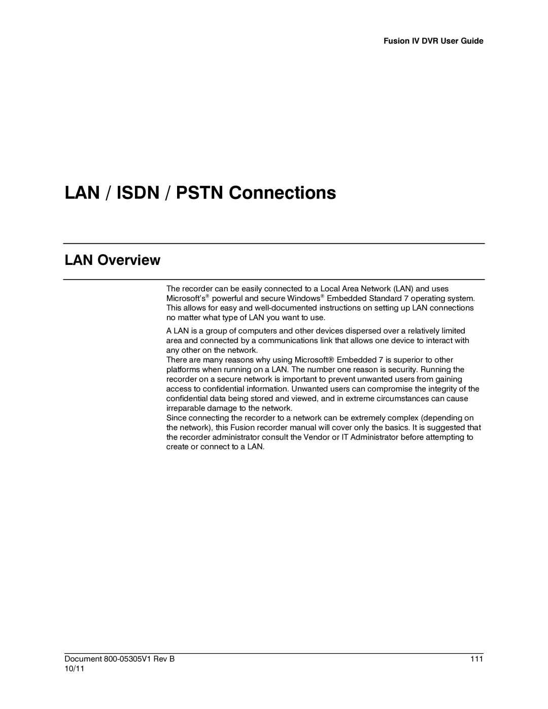 Honeywell IV REV B user manual LAN / Isdn / Pstn Connections, LAN Overview 