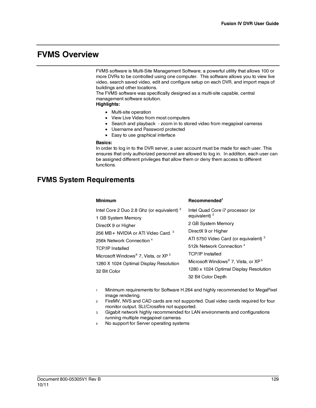 Honeywell IV REV B user manual Fvms Overview, Fvms System Requirements, Minimum, Recommended1 