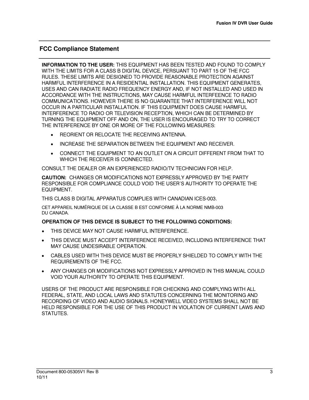 Honeywell IV REV B user manual FCC Compliance Statement, Fusion IV DVR User Guide 