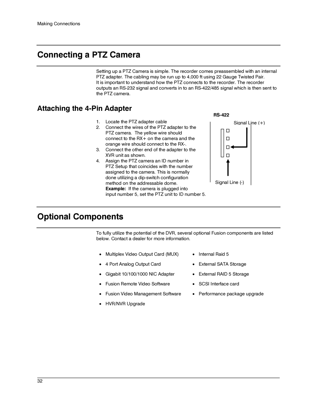 Honeywell IV REV B user manual Connecting a PTZ Camera, Optional Components, Attaching the 4-Pin Adapter, RS-422 