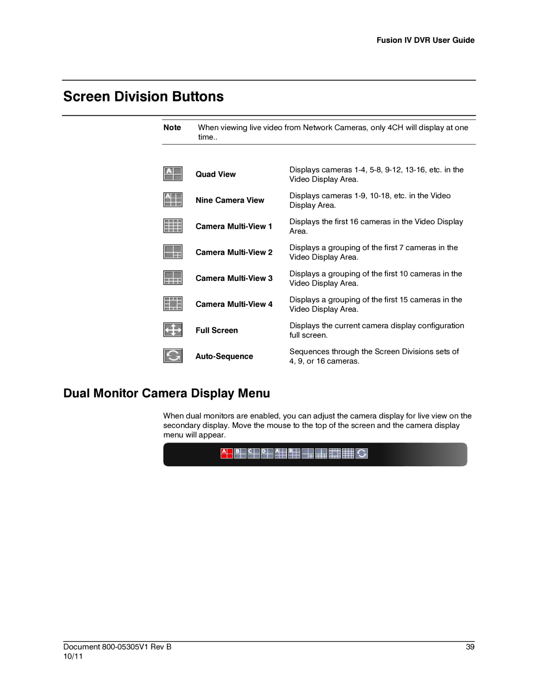 Honeywell IV REV B user manual Screen Division Buttons, Dual Monitor Camera Display Menu 