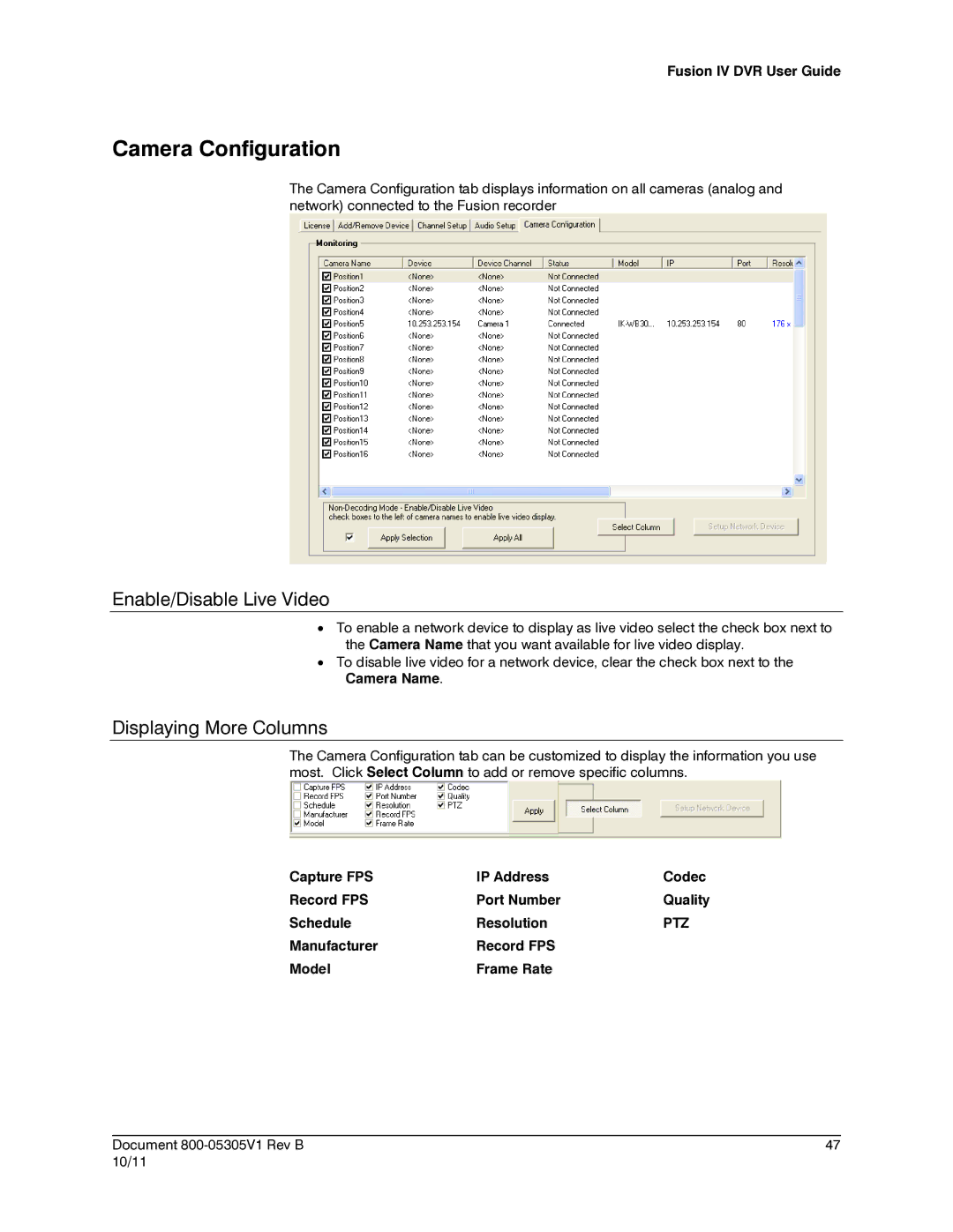 Honeywell IV REV B user manual Camera Configuration, Enable/Disable Live Video, Displaying More Columns 