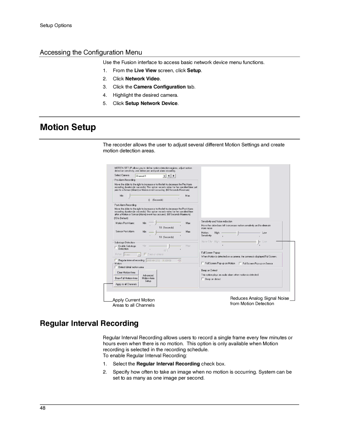 Honeywell IV REV B user manual Motion Setup, Regular Interval Recording, Accessing the Configuration Menu 