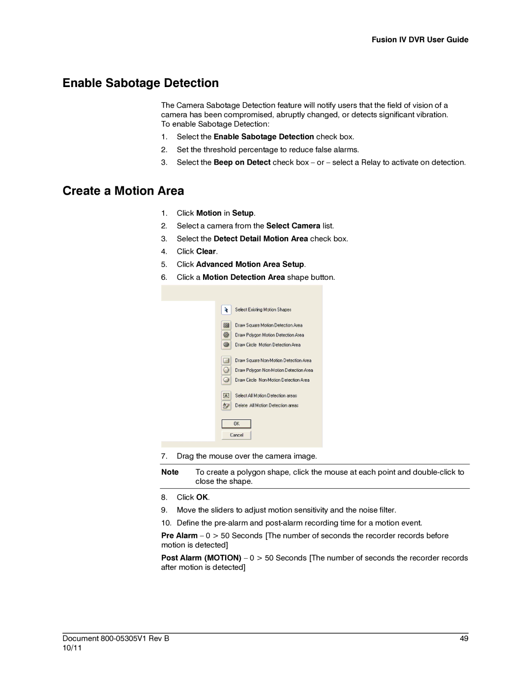 Honeywell IV REV B Create a Motion Area, Select the Enable Sabotage Detection check box, Click Motion in Setup 