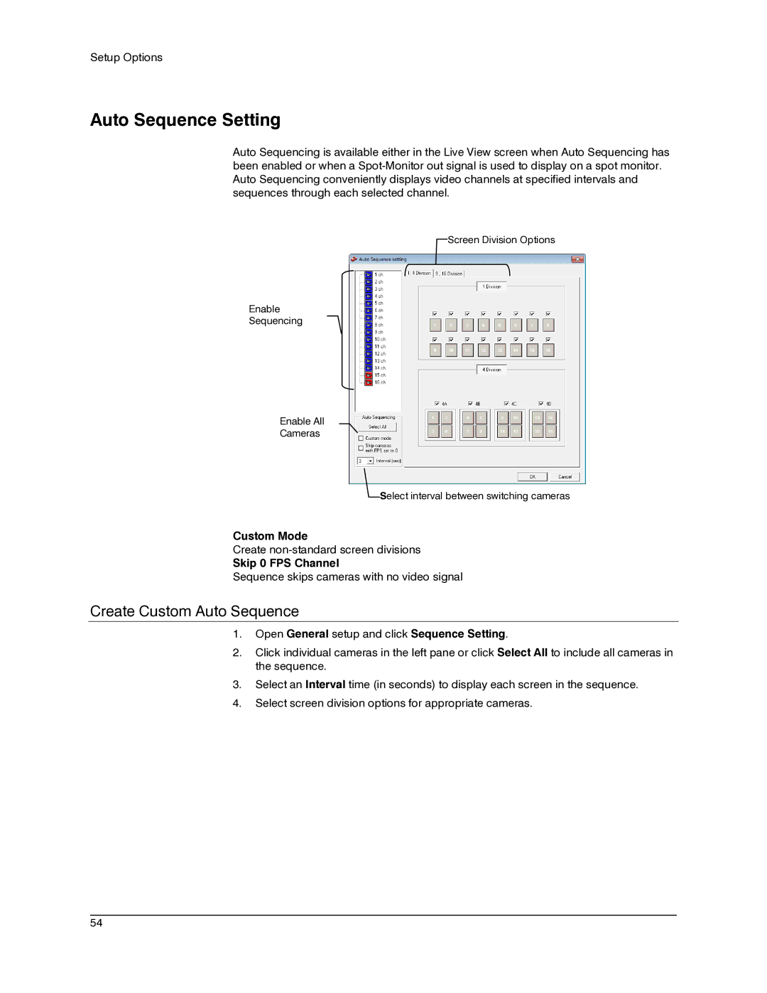 Honeywell IV REV B user manual Auto Sequence Setting, Create Custom Auto Sequence, Custom Mode, Skip 0 FPS Channel 