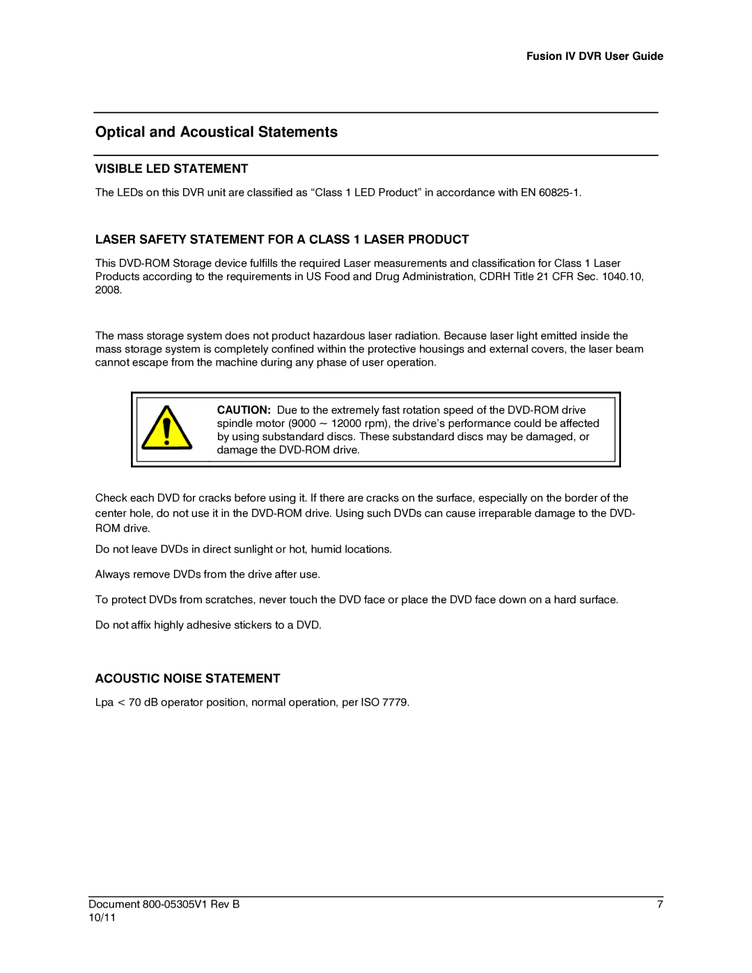 Honeywell IV REV B user manual Optical and Acoustical Statements 