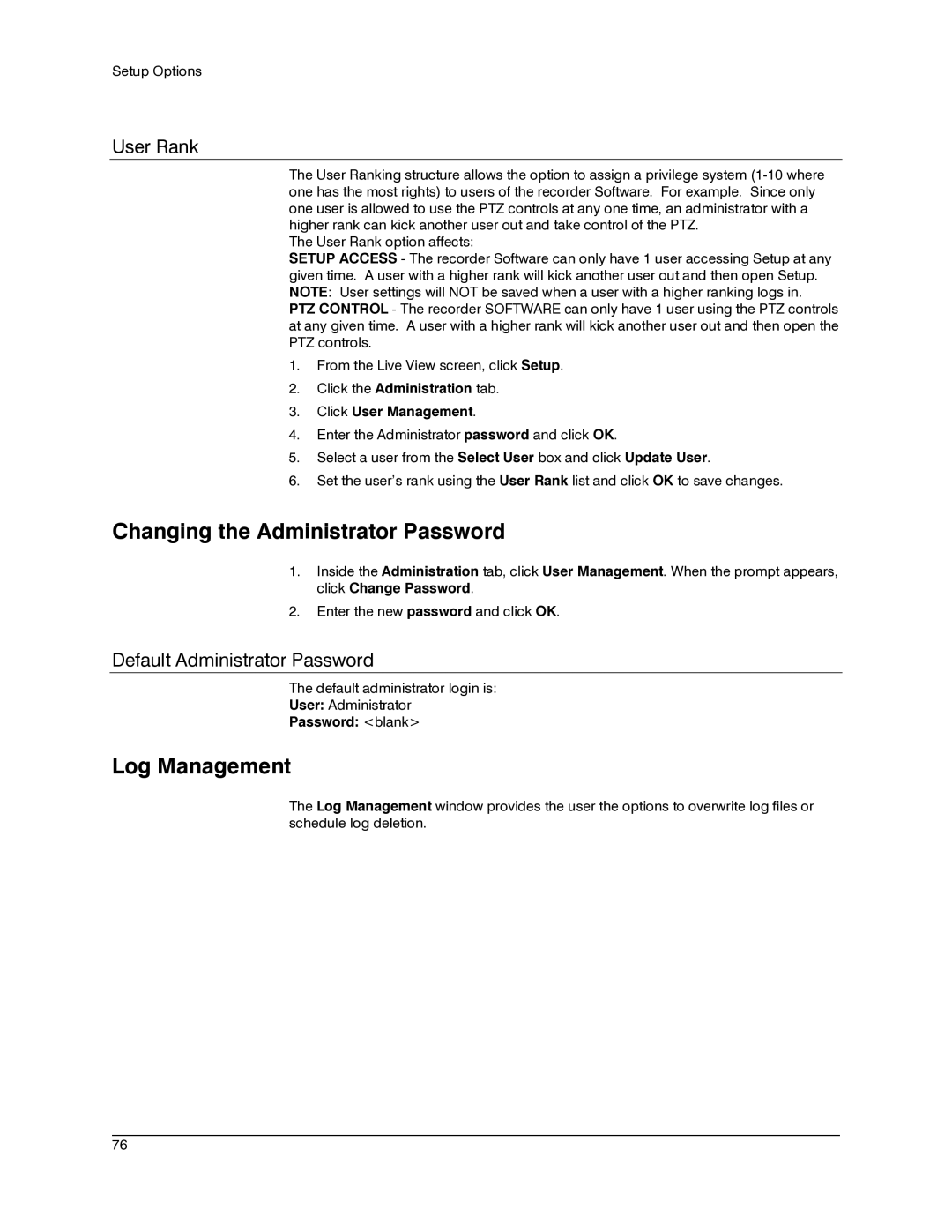 Honeywell IV REV B Changing the Administrator Password, Log Management, User Rank, Default Administrator Password 