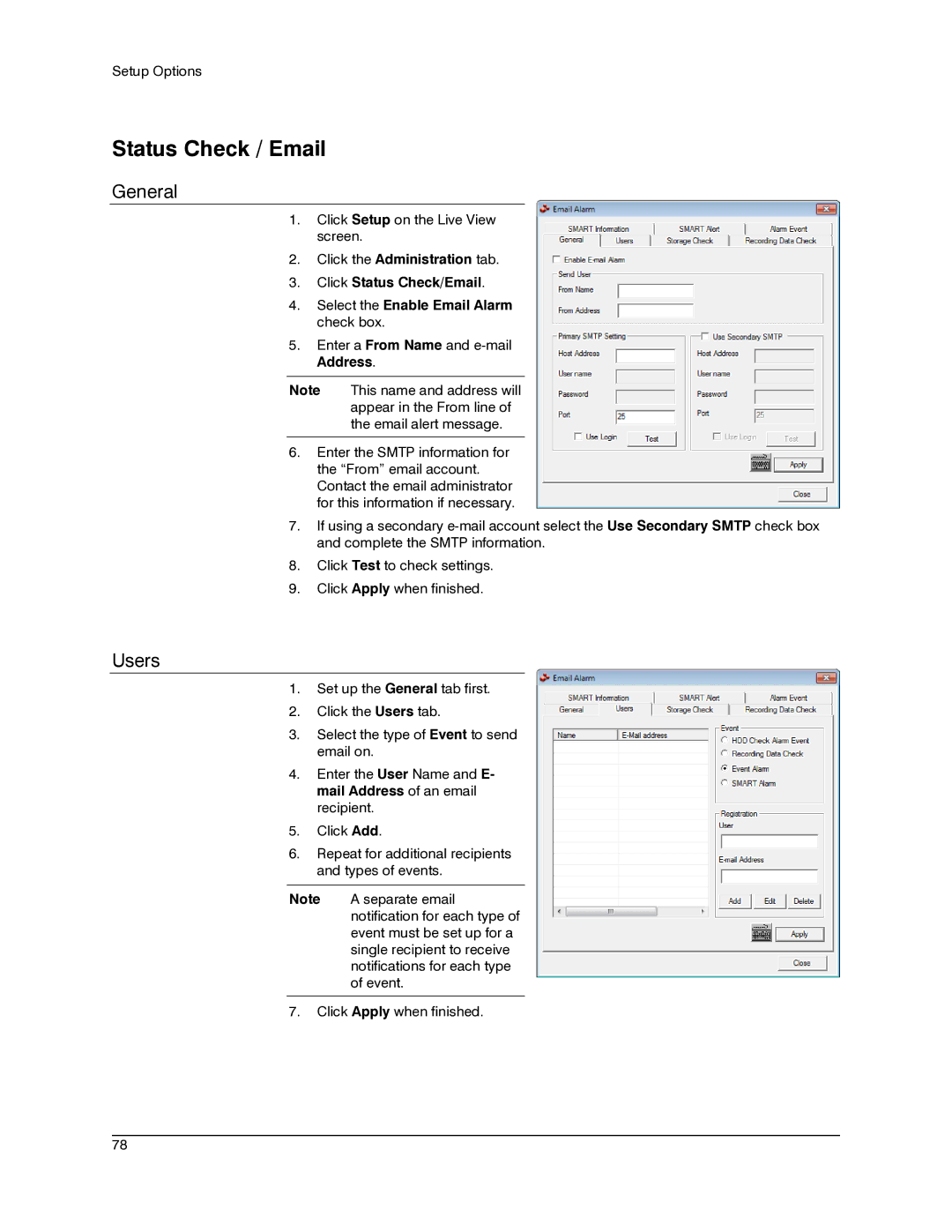 Honeywell IV REV B user manual Status Check / Email, General, Users 