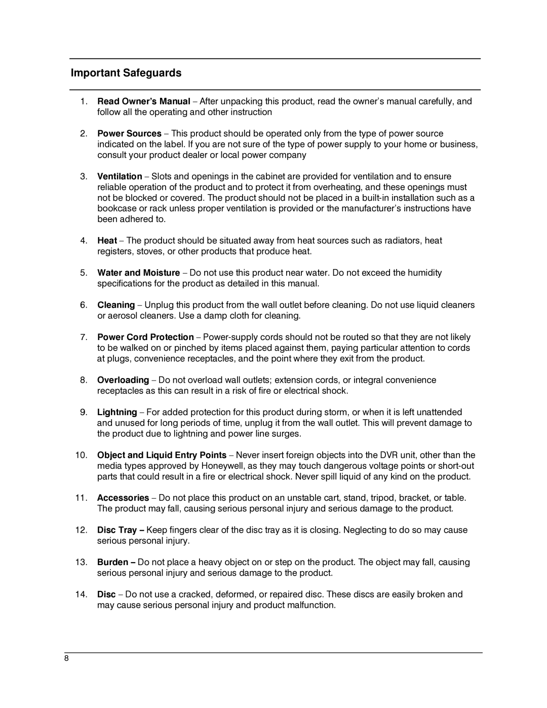 Honeywell IV REV B user manual Important Safeguards 