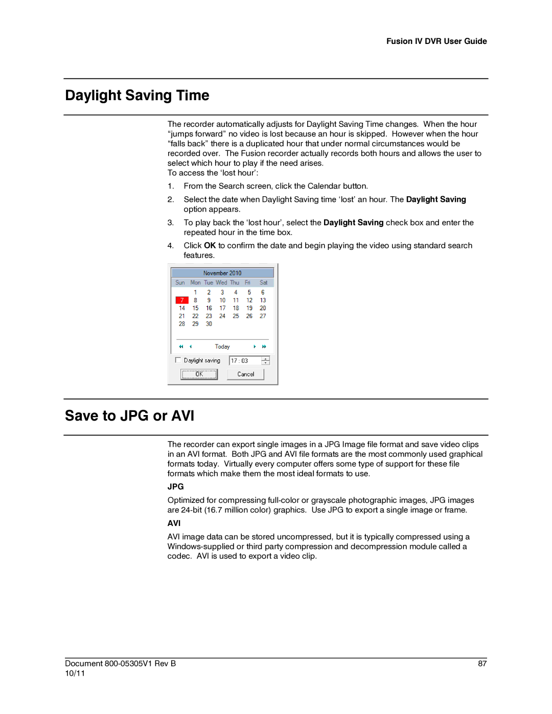 Honeywell IV REV B user manual Daylight Saving Time, Save to JPG or AVI 