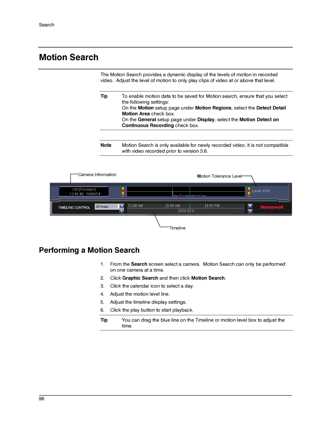 Honeywell IV REV B user manual Performing a Motion Search, Motion Area check box, Continuous Recording check box 