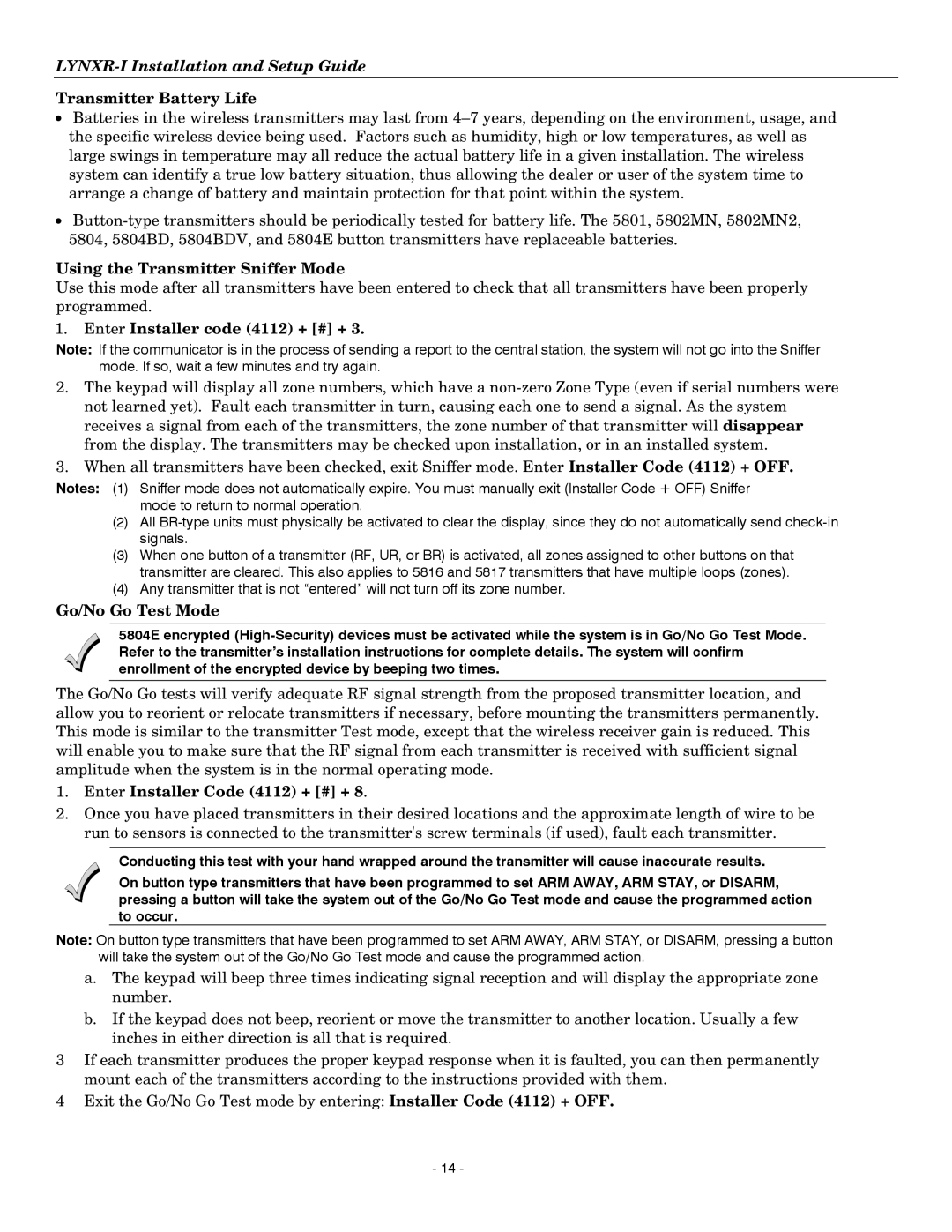 Honeywell K14114 3/06 Rev.B Transmitter Battery Life, Using the Transmitter Sniffer Mode, Enter Installer code 4112 + # + 