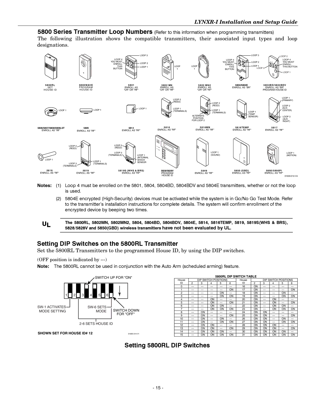 Honeywell K14114 3/06 Rev.B setup guide Setting DIP Switches on the 5800RL Transmitter, Setting 5800RL DIP Switches 