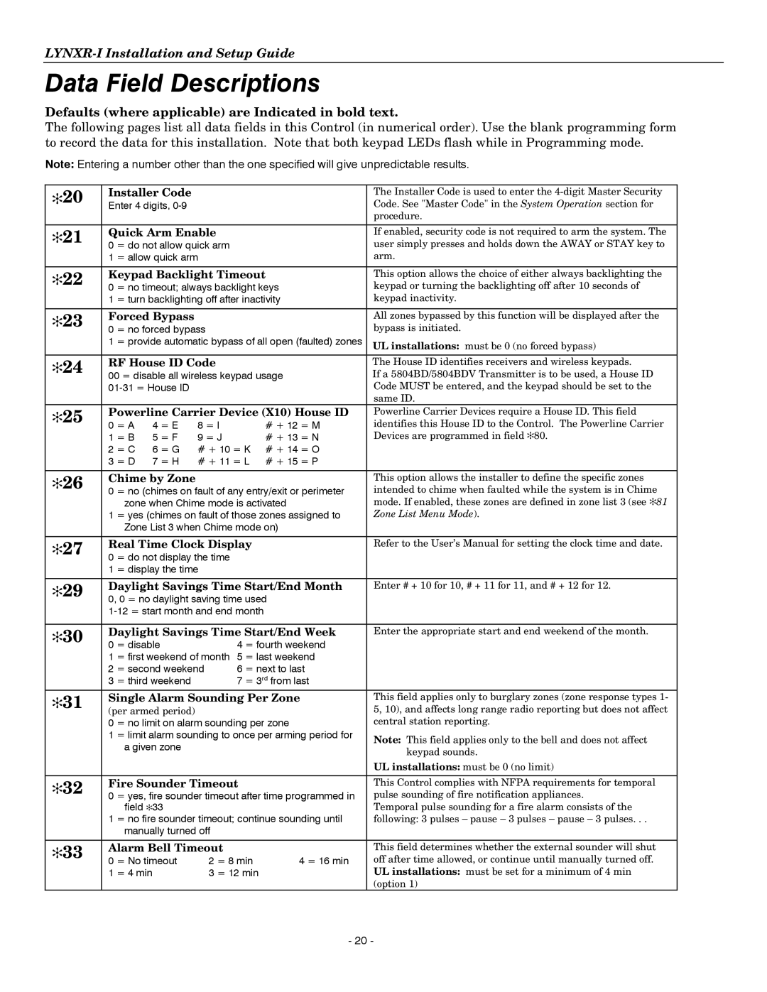 Honeywell K14114 3/06 Rev.B setup guide Data Field Descriptions, Defaults where applicable are Indicated in bold text 