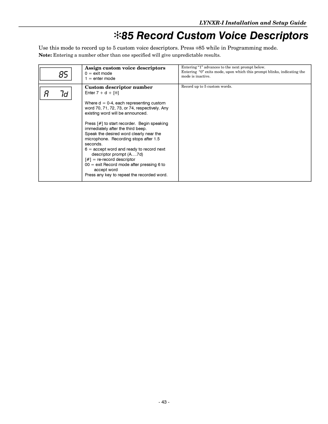 Honeywell K14114 3/06 Rev.B Record Custom Voice Descriptors, Assign custom voice descriptors, Custom descriptor number 