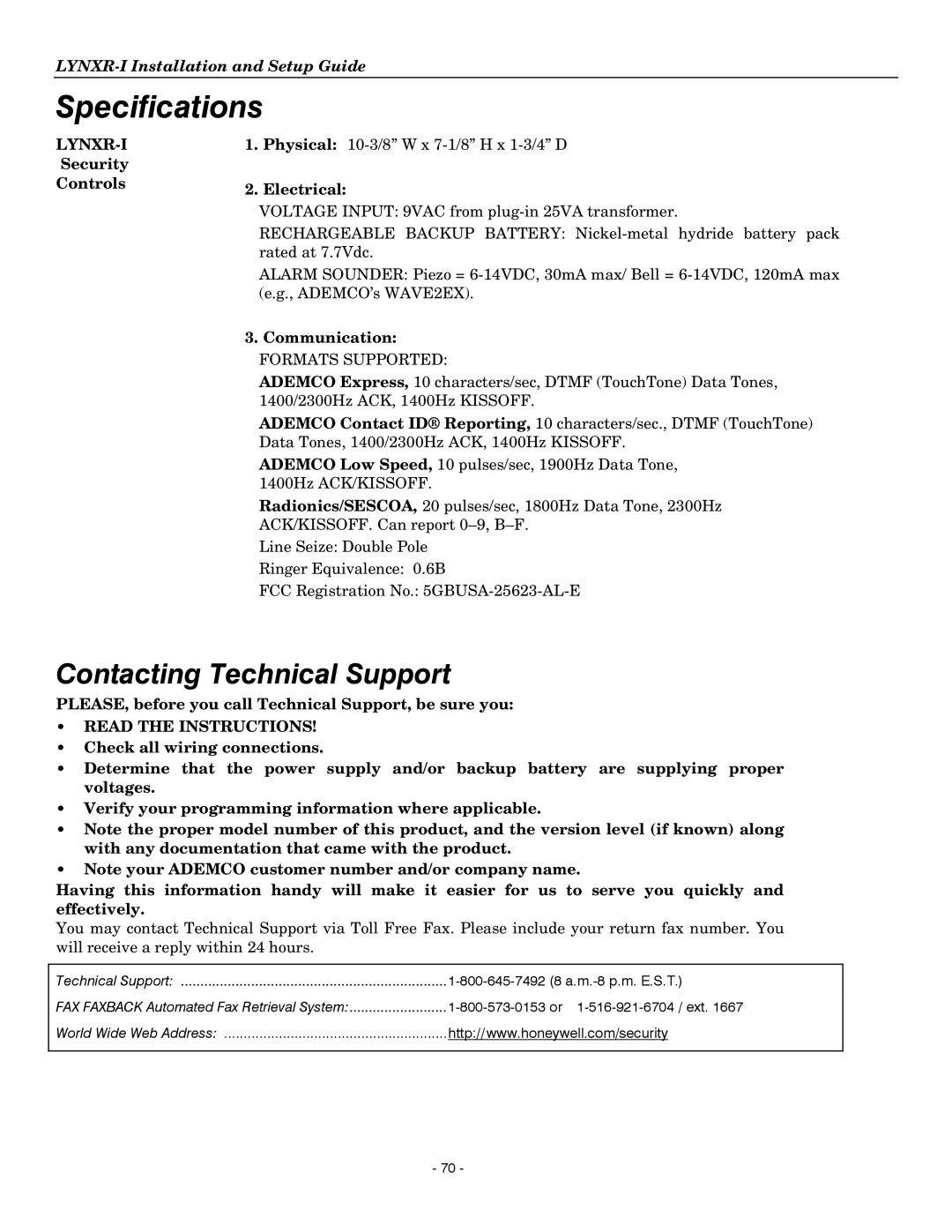 Honeywell K14114 3/06 Rev.B setup guide Specifications, Lynxr-I, Read the Instructions 