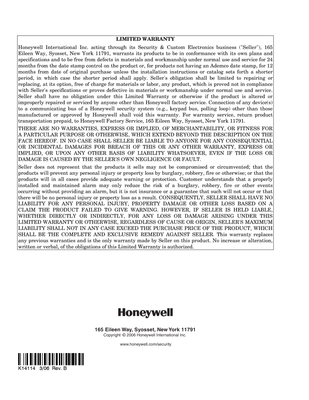 Honeywell K14114 3/06 Rev.B setup guide Limited Warranty 
