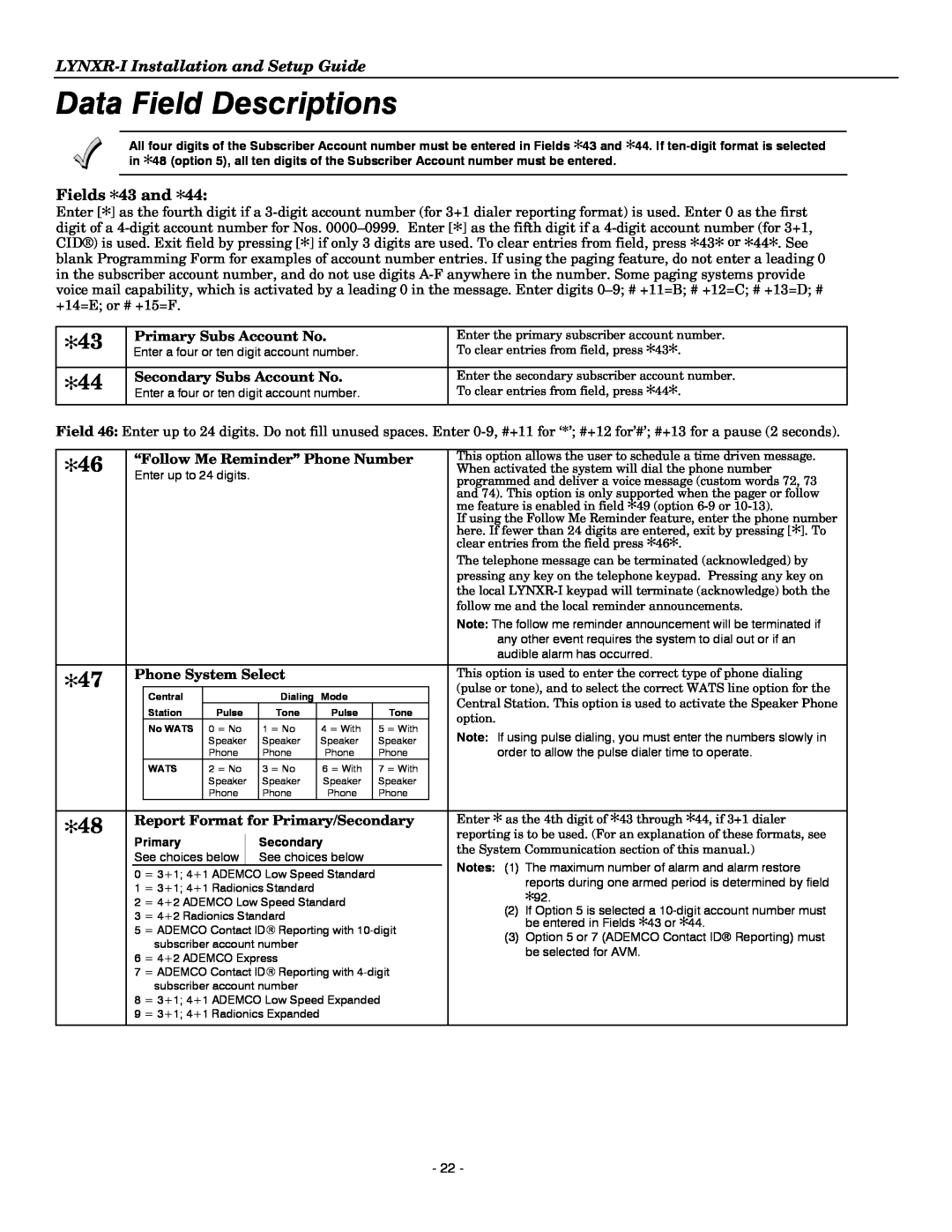 Honeywell K14114 3/06 Rev.B setup guide Fields 43 and, Data Field Descriptions, LYNXR-IInstallation and Setup Guide 