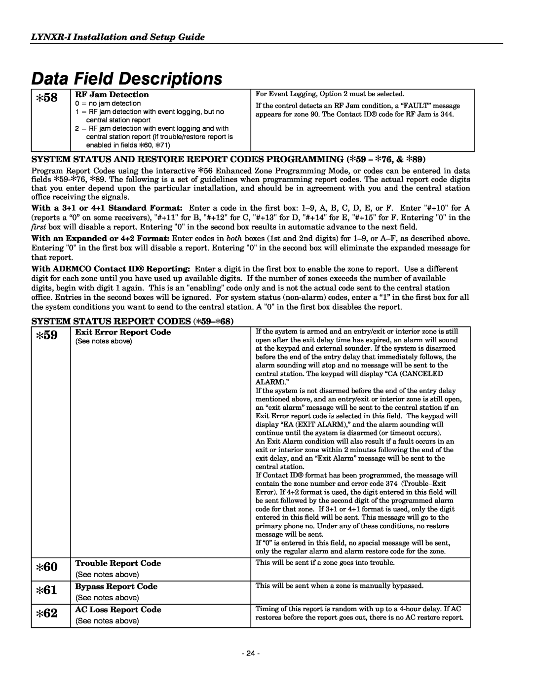 Honeywell K14114 3/06 Rev.B System Status Report Codes, Data Field Descriptions, LYNXR-IInstallation and Setup Guide 