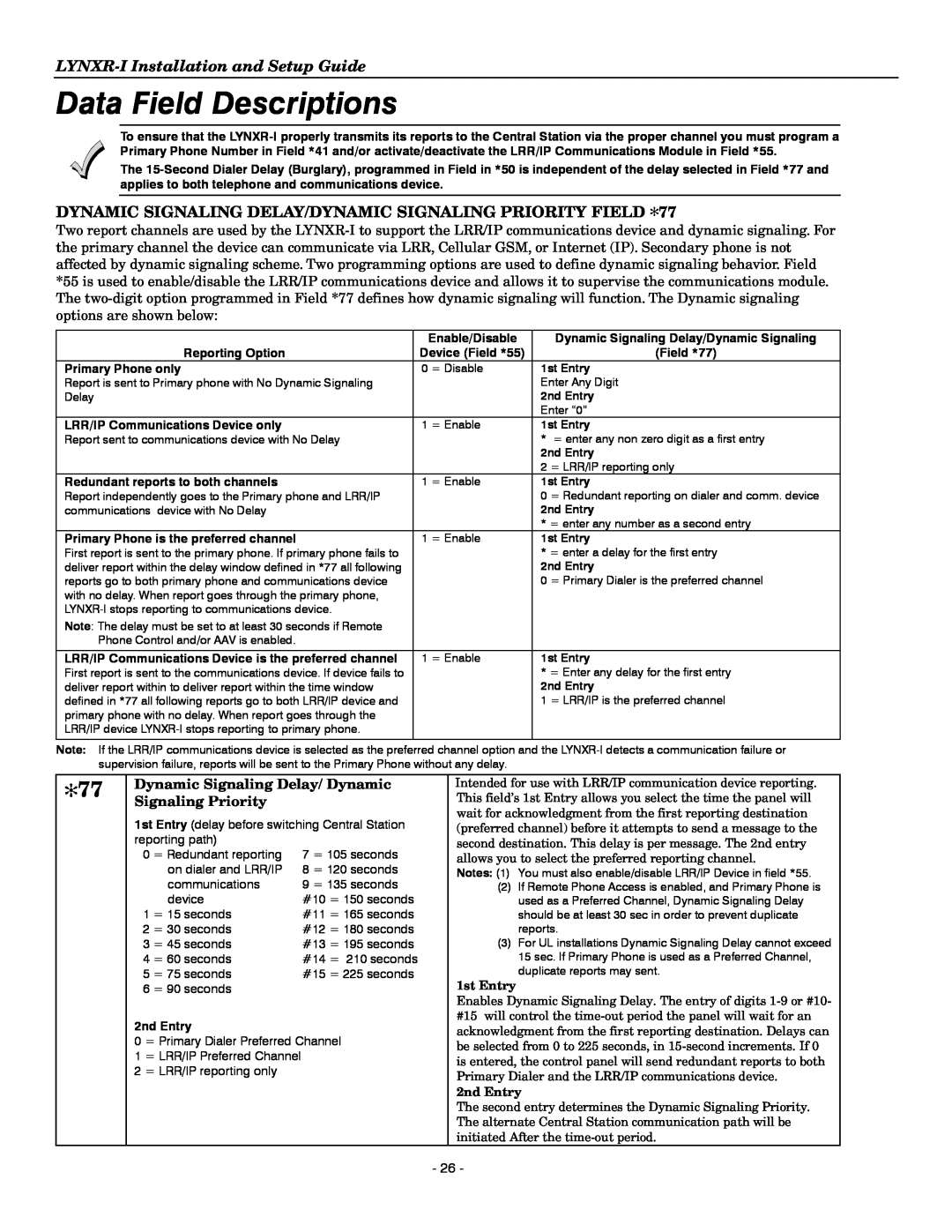 Honeywell K14114 3/06 Rev.B Data Field Descriptions, LYNXR-IInstallation and Setup Guide, Dynamic Signaling Delay/ Dynamic 