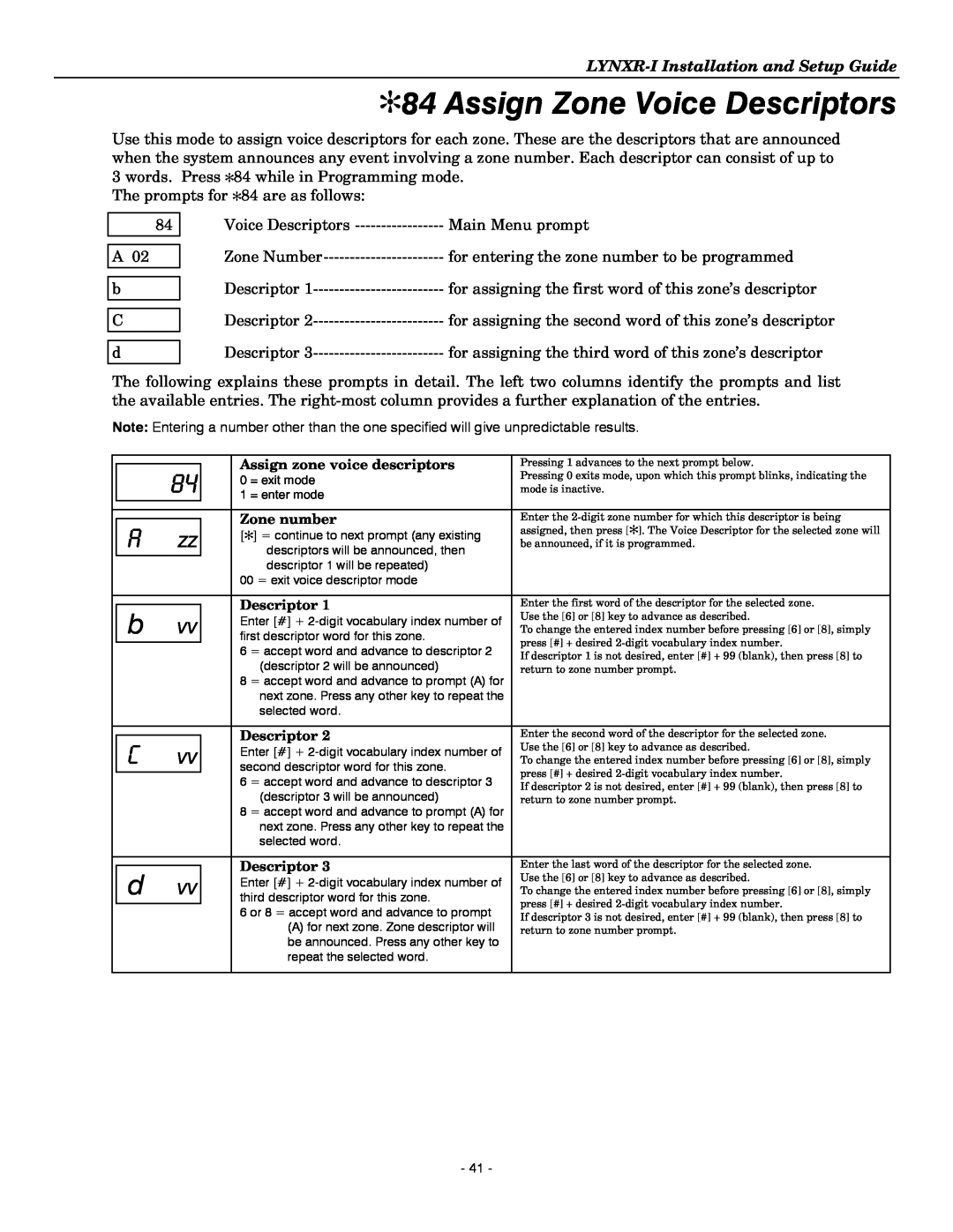 Honeywell K14114 3/06 Rev.B setup guide Assign Zone Voice Descriptors, LYNXR-IInstallation and Setup Guide 