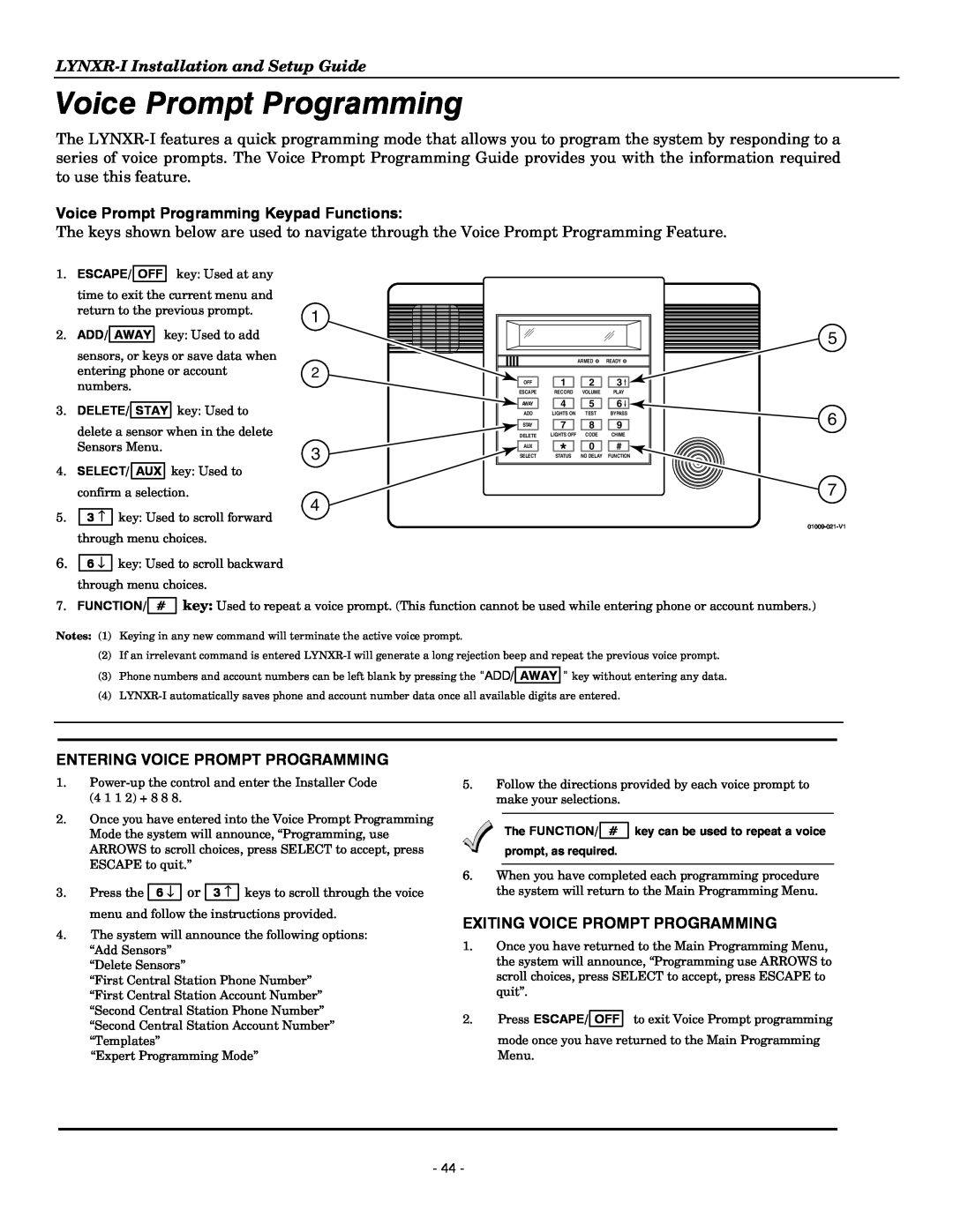 Honeywell K14114 3/06 Rev.B setup guide Voice Prompt Programming Keypad Functions, Entering Voice Prompt Programming 