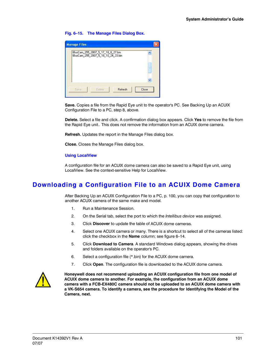 Honeywell K14392V1 manual Downloading a Configuration File to an Acuix Dome Camera, Using LocalView 