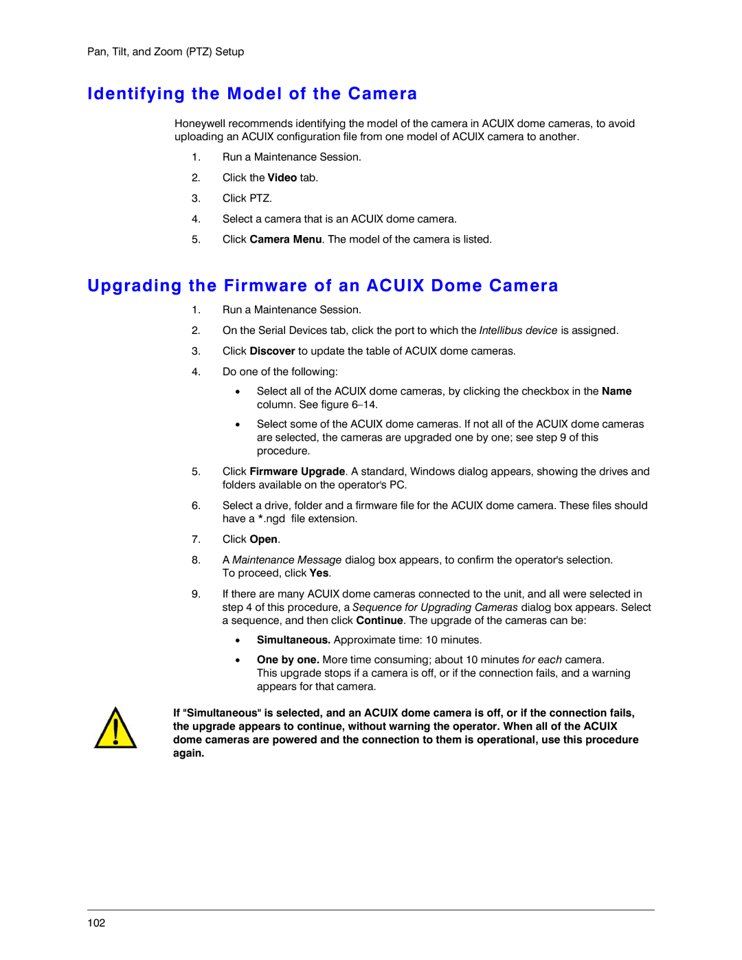 Honeywell K14392V1 manual Identifying the Model of the Camera, Upgrading the Firmware of an Acuix Dome Camera 