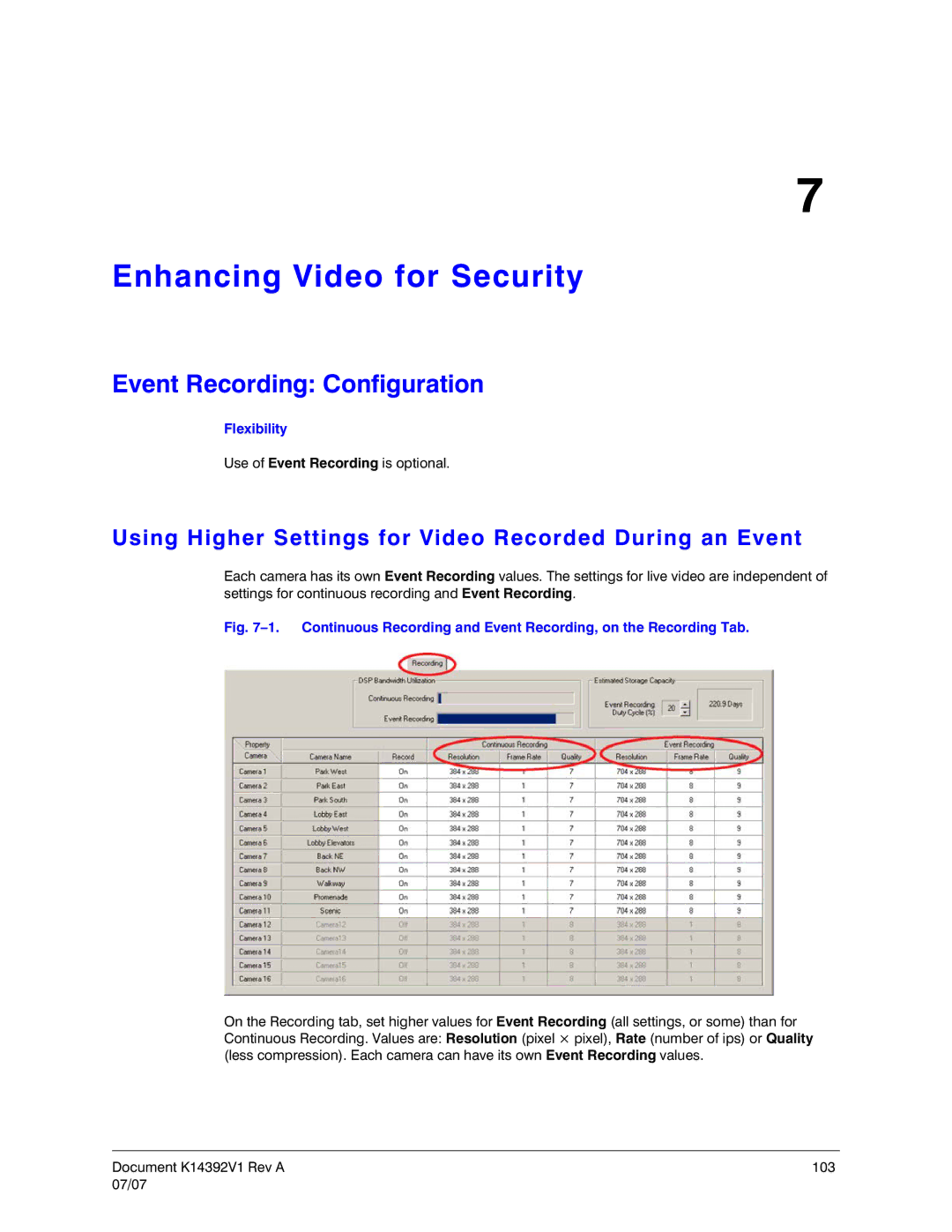 Honeywell K14392V1 manual Enhancing Video for Security, Event Recording Configuration 