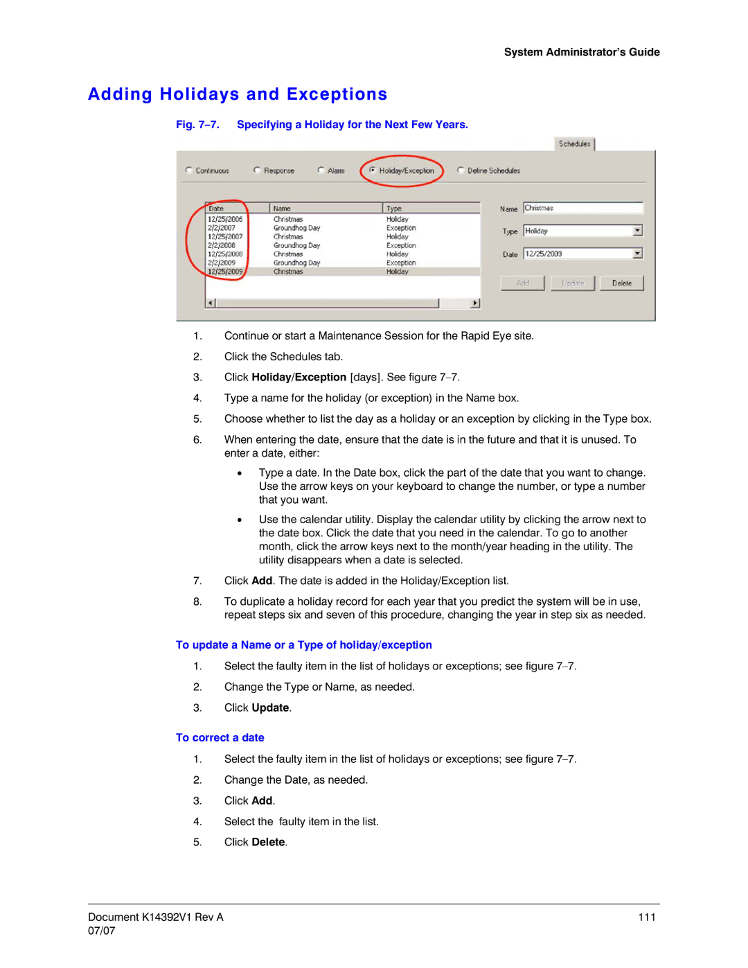 Honeywell K14392V1 Adding Holidays and Exceptions, To update a Name or a Type of holiday/exception, To correct a date 